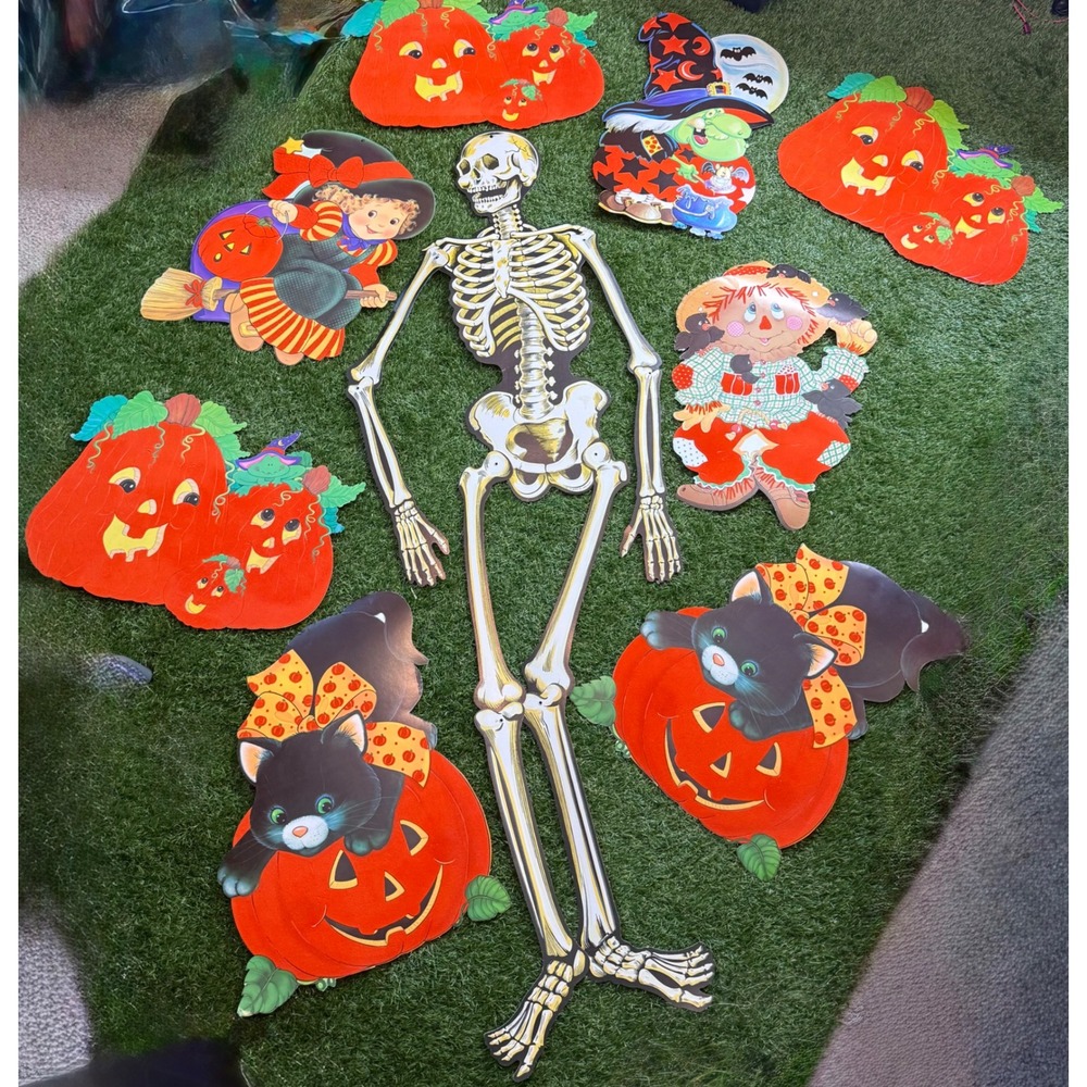 Vintage RARE Beistle Halloween Die Cut Decorations Skeleton Witch Cat Lot 9pc